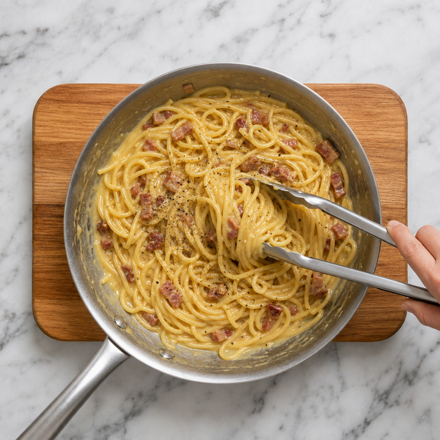 Glossy carbonara sauce coating spaghetti with crisp pancetta
