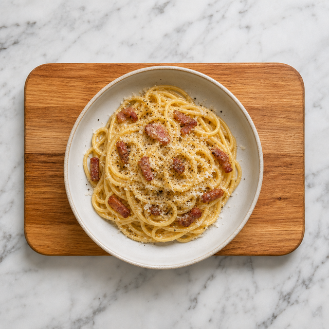 Bowl of classic Pasta Carbonara with Pecorino and black pepper
