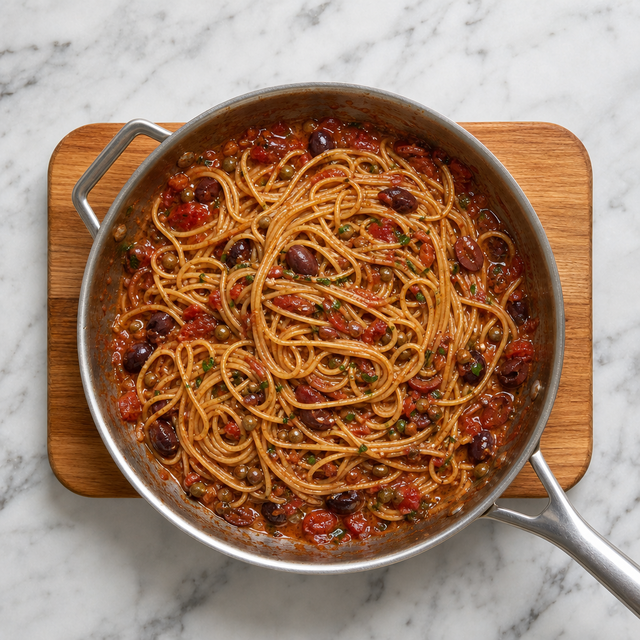 Spaghetti tossed in glossy puttanesca sauce