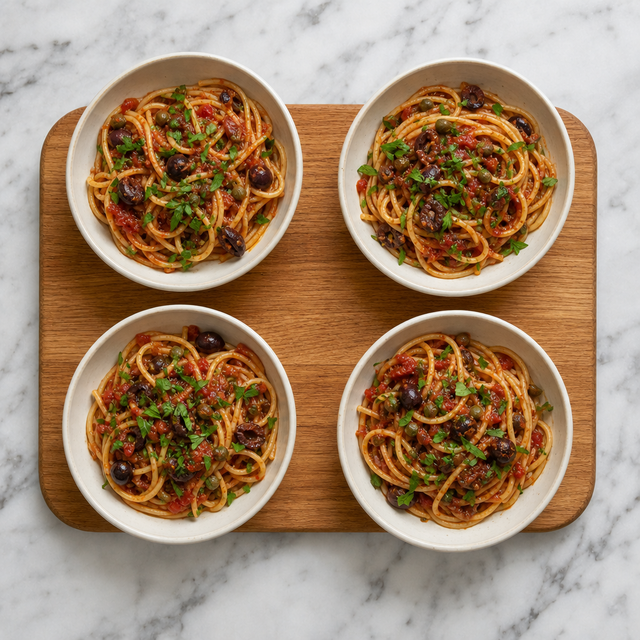 Pasta Puttanesca topped with parsley in a bowl