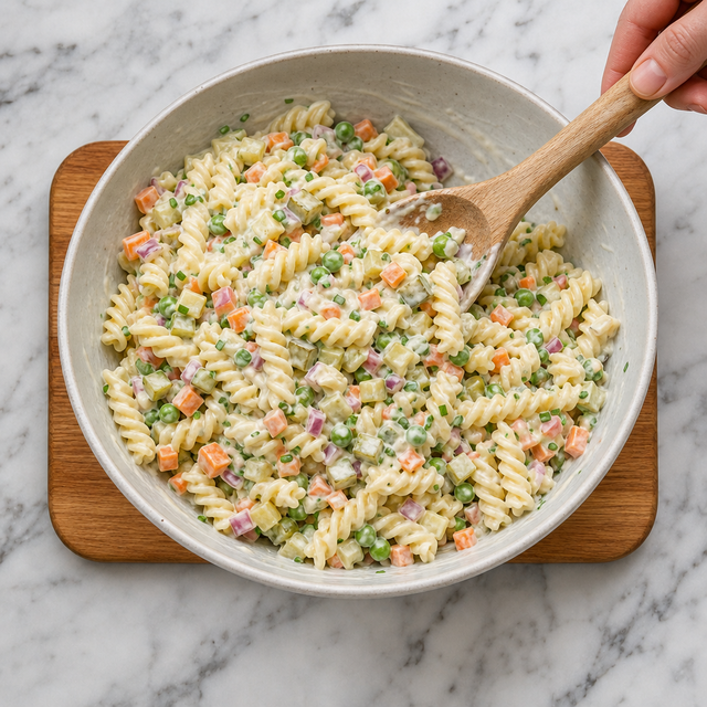 Creamy pasta salad being folded with colorful vegetables