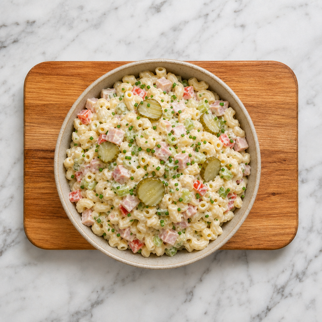 Finished German-style pasta salad with mayonnaise and vegetables