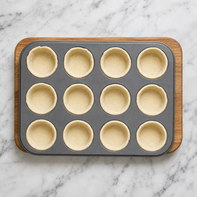 Puff pastry shells pressed into a twelve-cup muffin tin