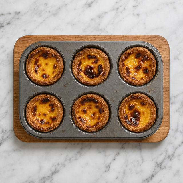 Freshly baked Pastel de Nata with caramelized custard tops