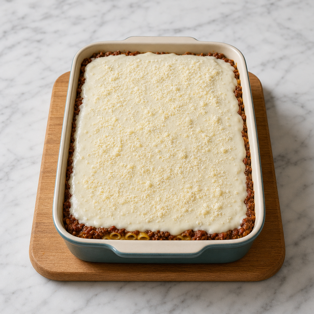 Assembled pastitsio ready for the oven