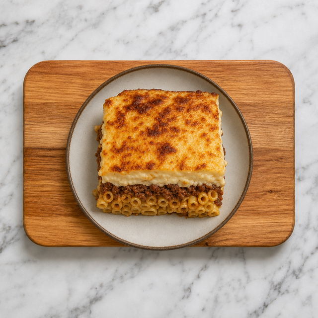 Golden sliced pastitsio served warm
