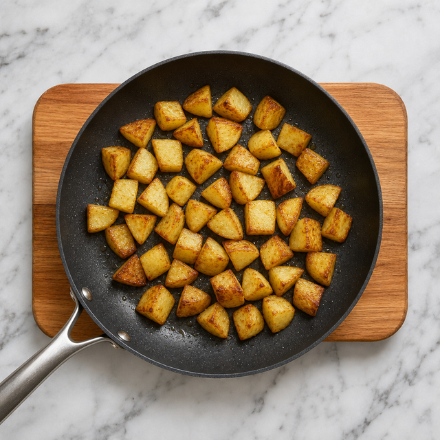 Golden crisp potato cubes cooking in a skillet