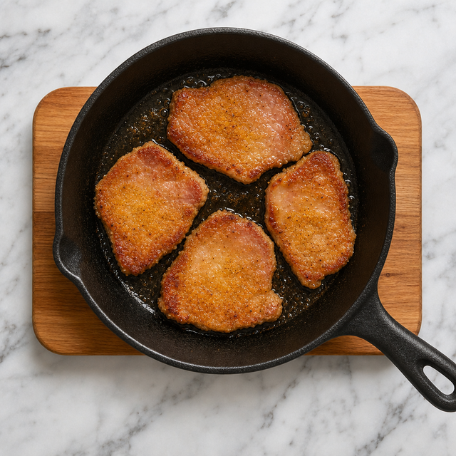 Peameal bacon slices developing a golden crust in a skillet