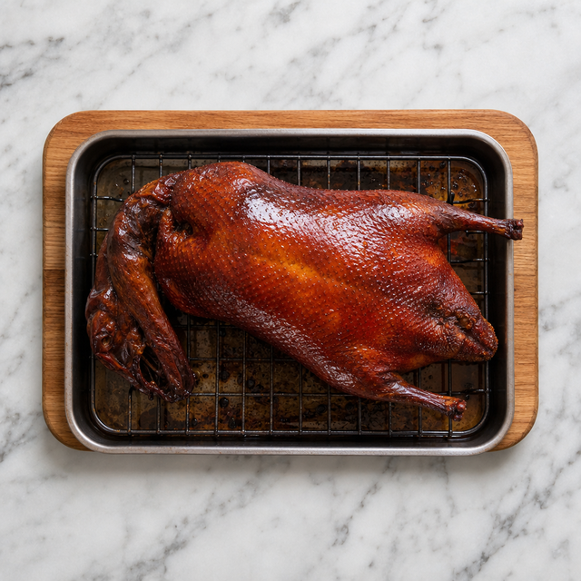 Peking Duck with deeply lacquered crisp skin after roasting