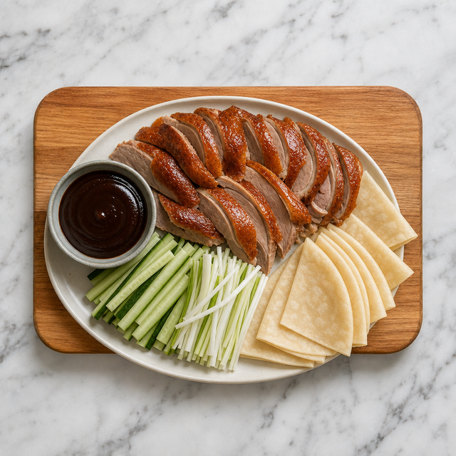 Peking Duck arranged with pancakes, cucumber, scallions, and sweet bean sauce