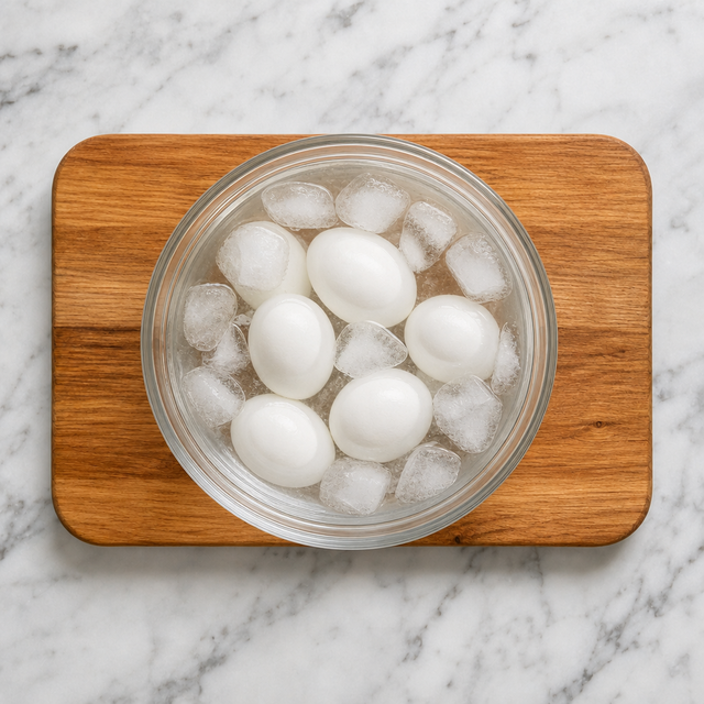 Boiled eggs cooling in an ice bath