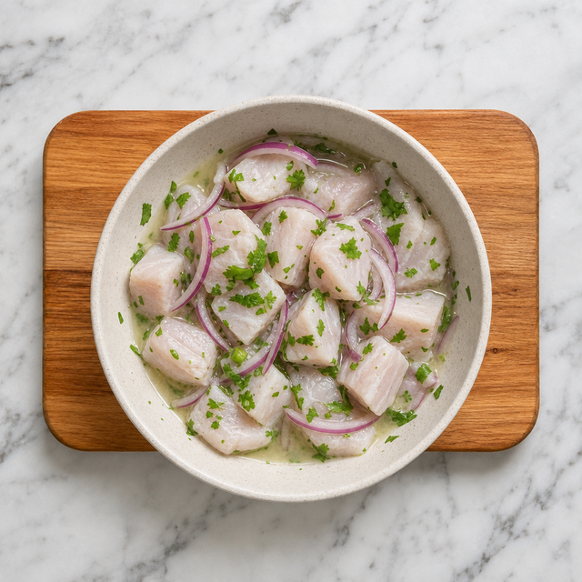 Fish cubes curing in lime marinade for Peruvian ceviche