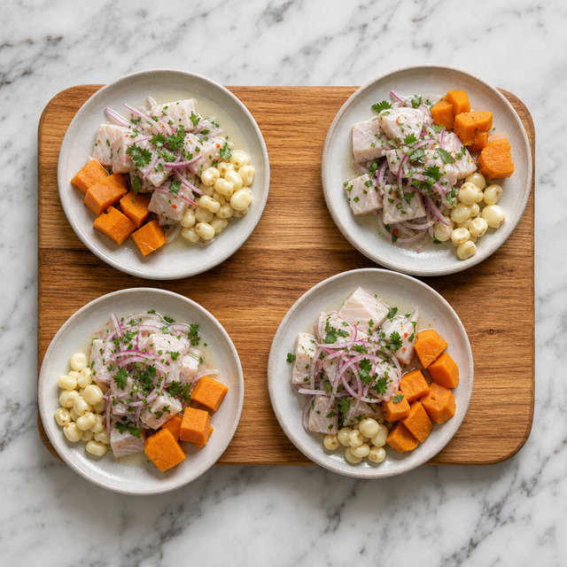 Peruvian ceviche served with sweet potato and corn