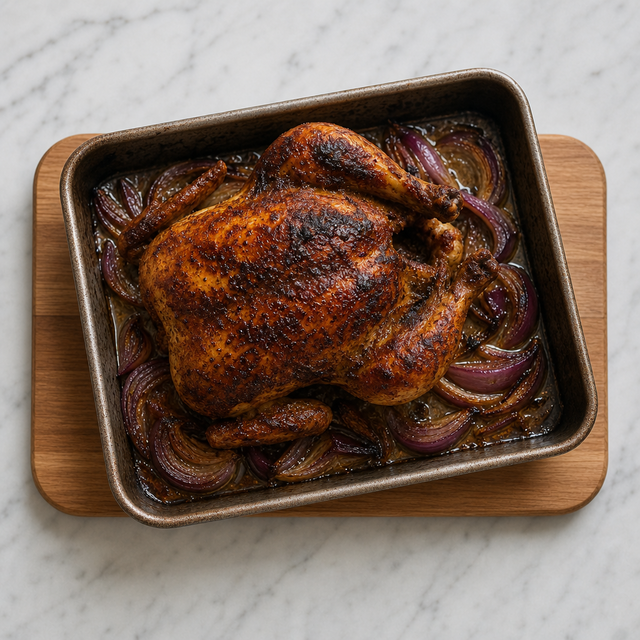 Deeply browned Peruvian roast chicken on roasted red onions