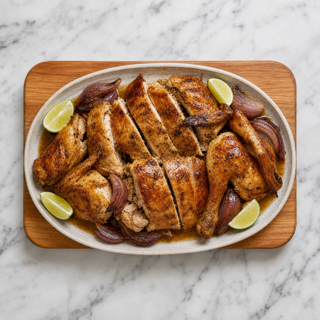 Carved Peruvian roast chicken served with roasted onions and lime