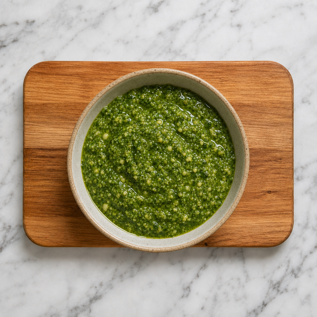 Bowl of glossy homemade Pesto Genovese with visible basil, cheese, and pine nut flecks