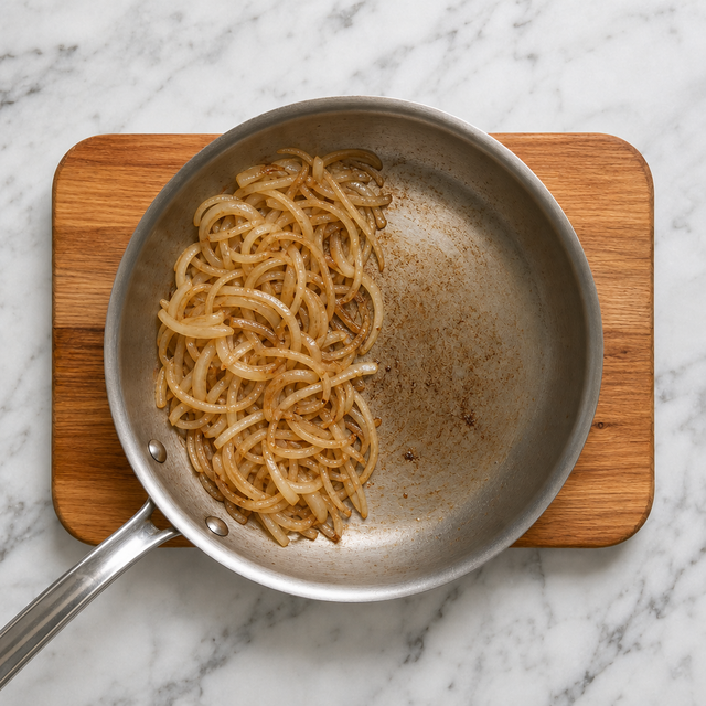 Sliced onions softening and caramelizing in a skillet