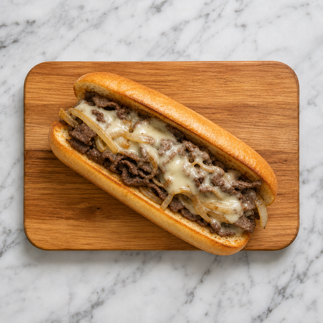 Finished Philly cheesesteak with beef, onions, and melted provolone