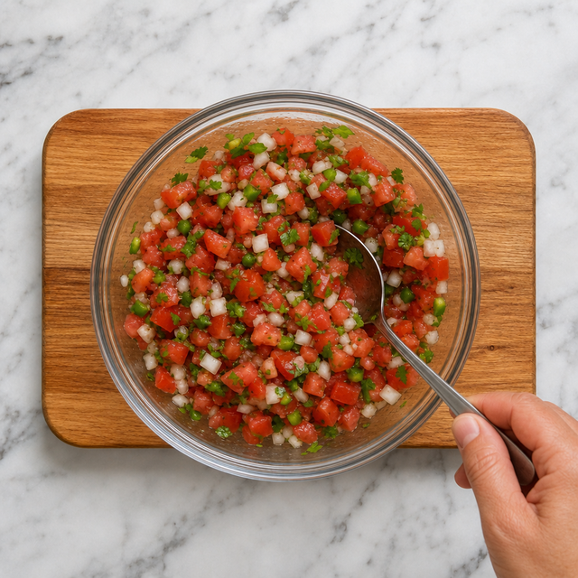 Fresh pico de gallo ingredients being gently mixed in a bowl