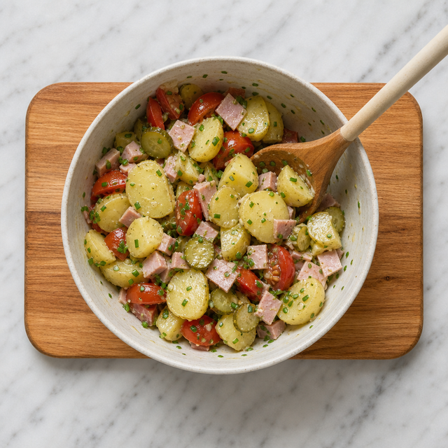 Piedmont potato salad being assembled with tomatoes, ham, and cornichons