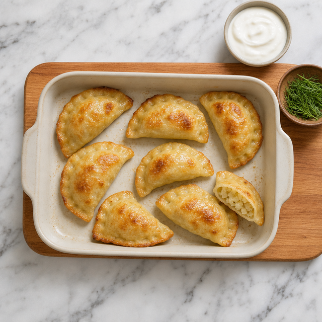 Golden baked Pierogi Ruskie ready to serve