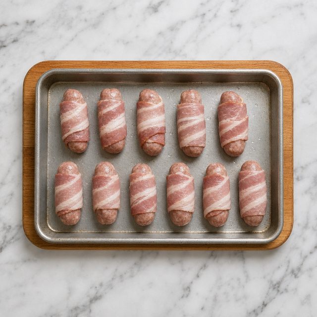 Pork sausages wrapped in bacon on a baking tray before roasting
