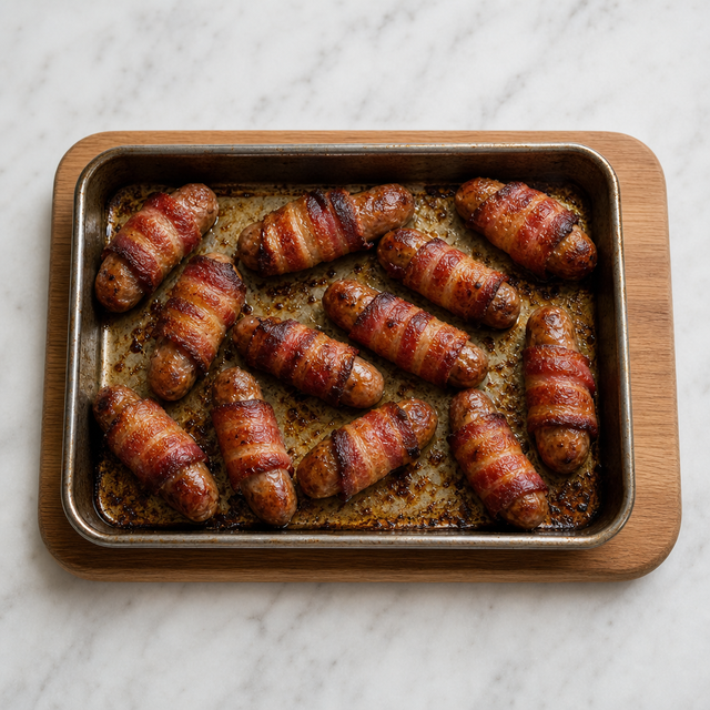 Golden pigs in blankets with crisp bacon after baking