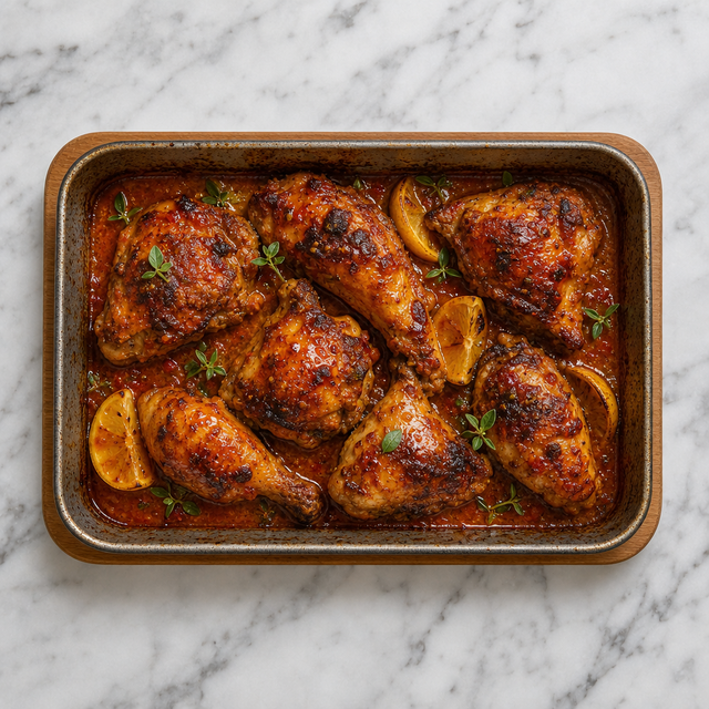 Roasted piri-piri chicken with deeply browned skin and glossy chili sauce.