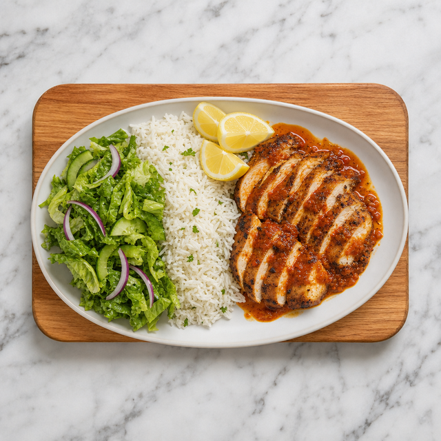 Piri-piri chicken served with warm chili sauce, lemon, rice, and salad.