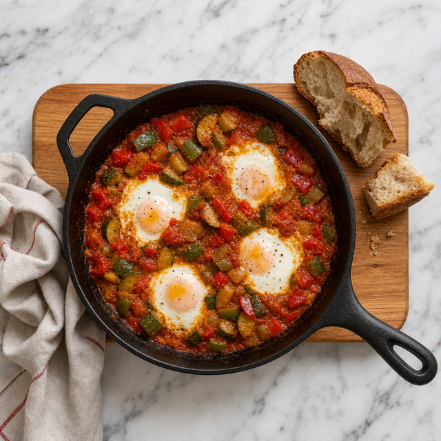 Finished Pisto Manchego with eggs served in a skillet