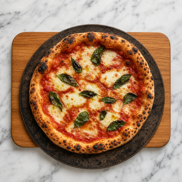 Homemade pizza with a golden blistered crust