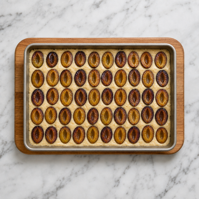 Plum halves arranged over cake batter in a sheet pan