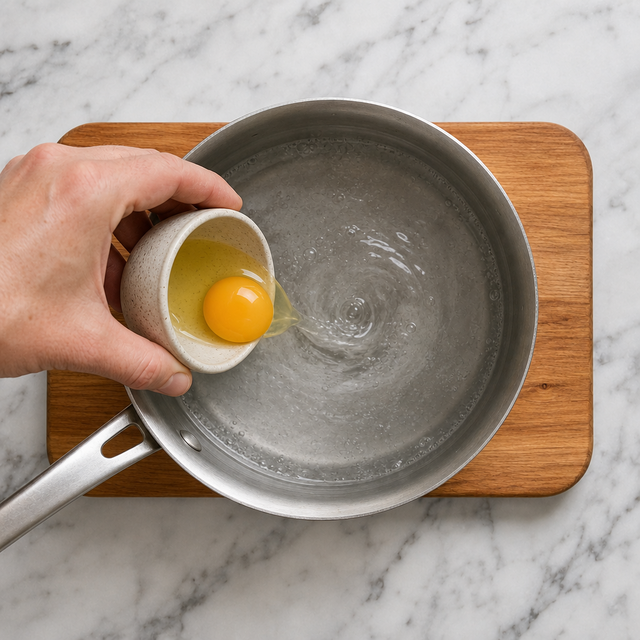 An egg being slid into a gentle whirlpool of simmering water.
