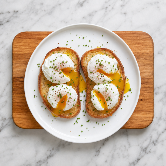 Poached eggs with flowing yolks on buttered toast, topped with chives and pepper.