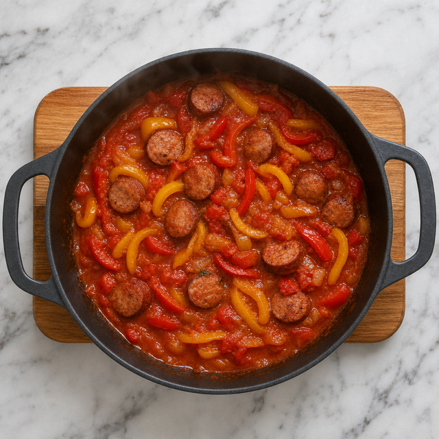 Polish leczo simmering with peppers, tomatoes, and sausage