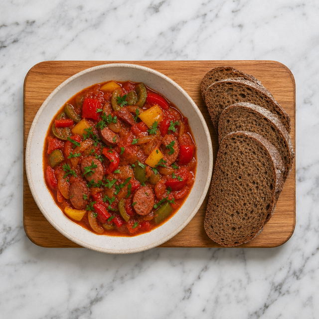 A bowl of Polish leczo garnished with parsley