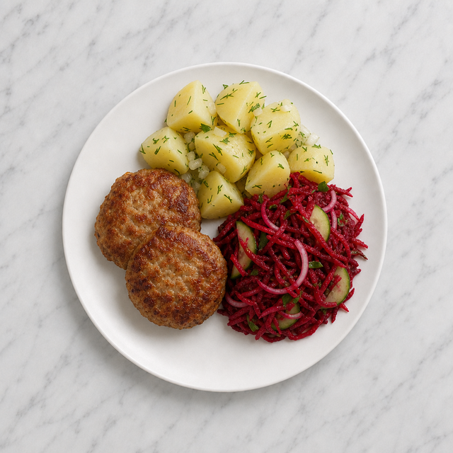 Polish-Style Pork Patties with Potatoes and Raw Beet Slaw