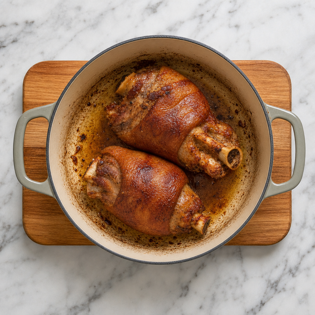 Pork hocks browned in a Dutch oven