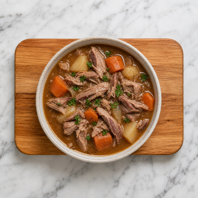 Canadian pork hock stew with root vegetables and brown gravy