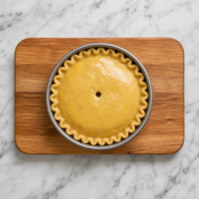 Sealed and glazed pork pie ready for baking