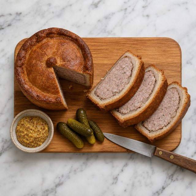 Sliced British pork pie served with mustard and cornichons