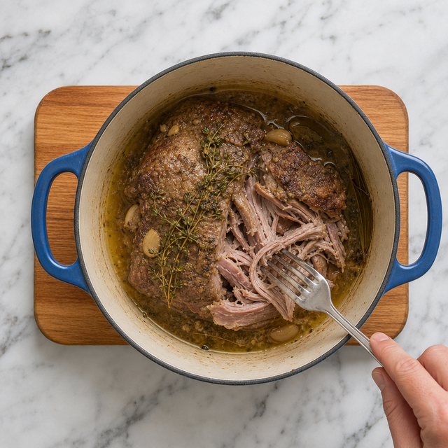 Fork-tender pork shoulder separating into soft strands