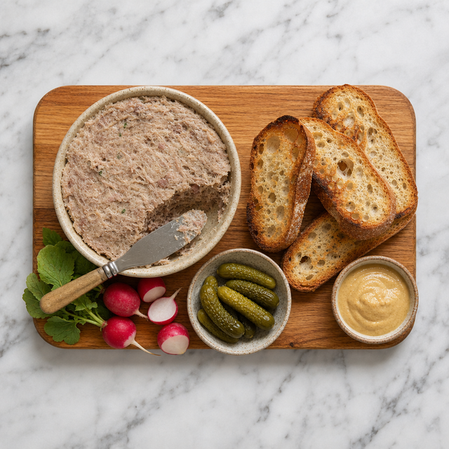 Pork rillettes served with toasted baguette and cornichons