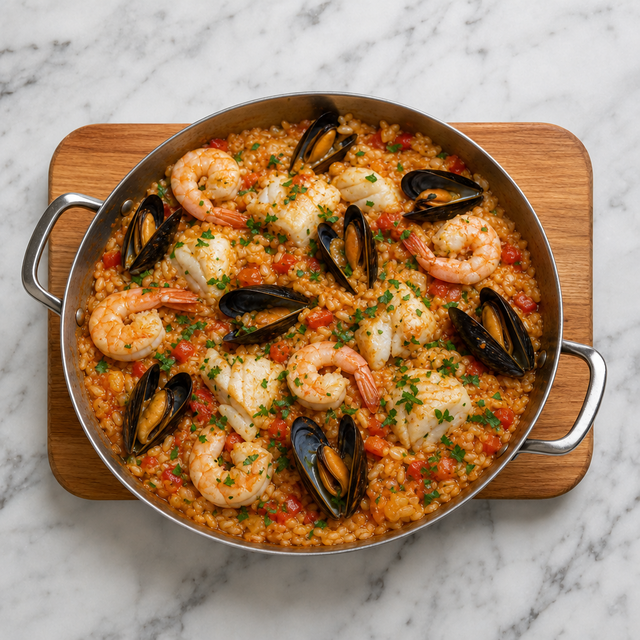 Portuguese seafood rice with open mussels, prawns, and cod