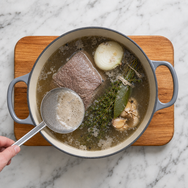 Skimming foam from the gently simmering pot-au-feu broth