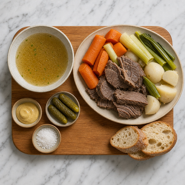Classic pot-au-feu served with broth, vegetables, mustard, and cornichons