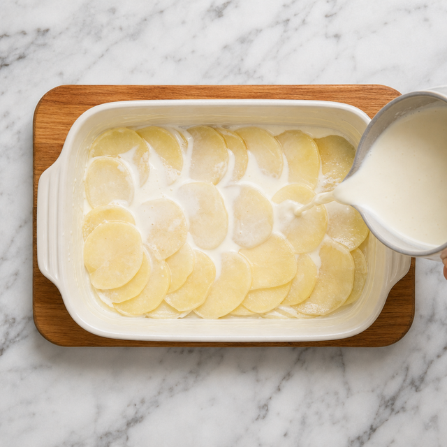 Thinly sliced potatoes layered with seasoned cream in a gratin dish