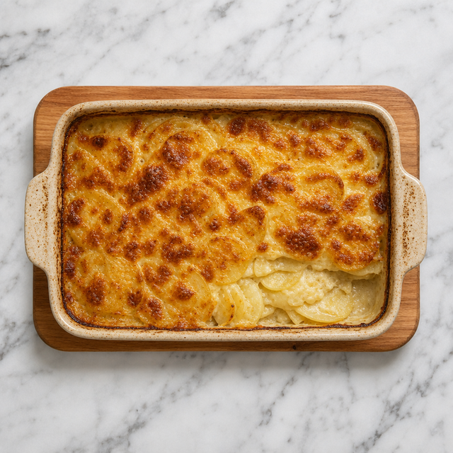 Golden potato gratin with bubbling cream and tender layered potatoes
