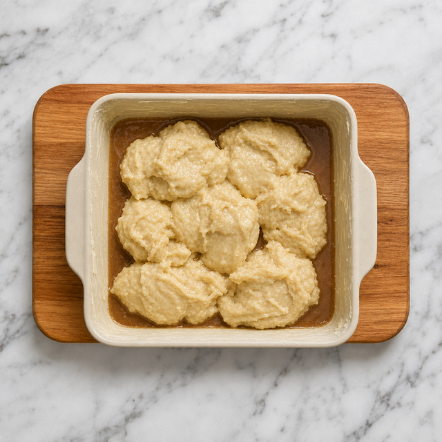 Cake batter dolloped over maple-cream sauce before baking