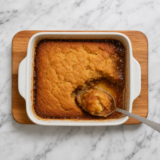 Warm golden pouding chômeur with maple sauce bubbling around the cake